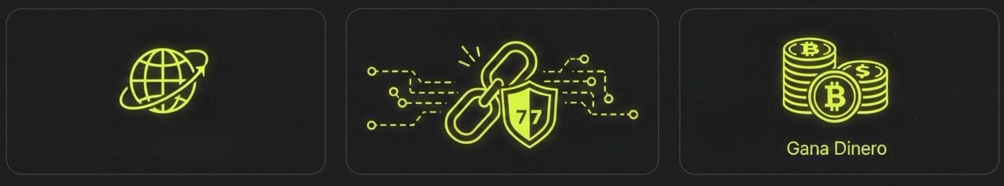 gana-dinero Tres iconos técnicos en amarillo neón #DFFF00 sobre fondo negro: una gráfica de métricas en tiempo real, un símbolo de donación vinculada a una huella animal y un escudo de protección animal, representando los beneficios de la plataforma 7LIV.ES