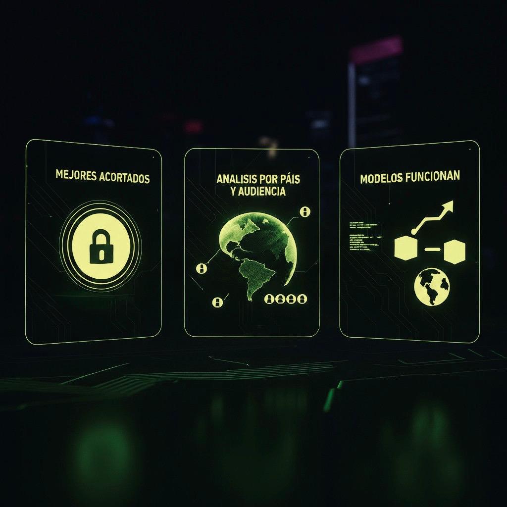 Infografía digital con tres paneles holográficos en color verde neón (#dfff00) sobre fondo oscuro (#141414), que representan visualmente el análisis de enlaces.