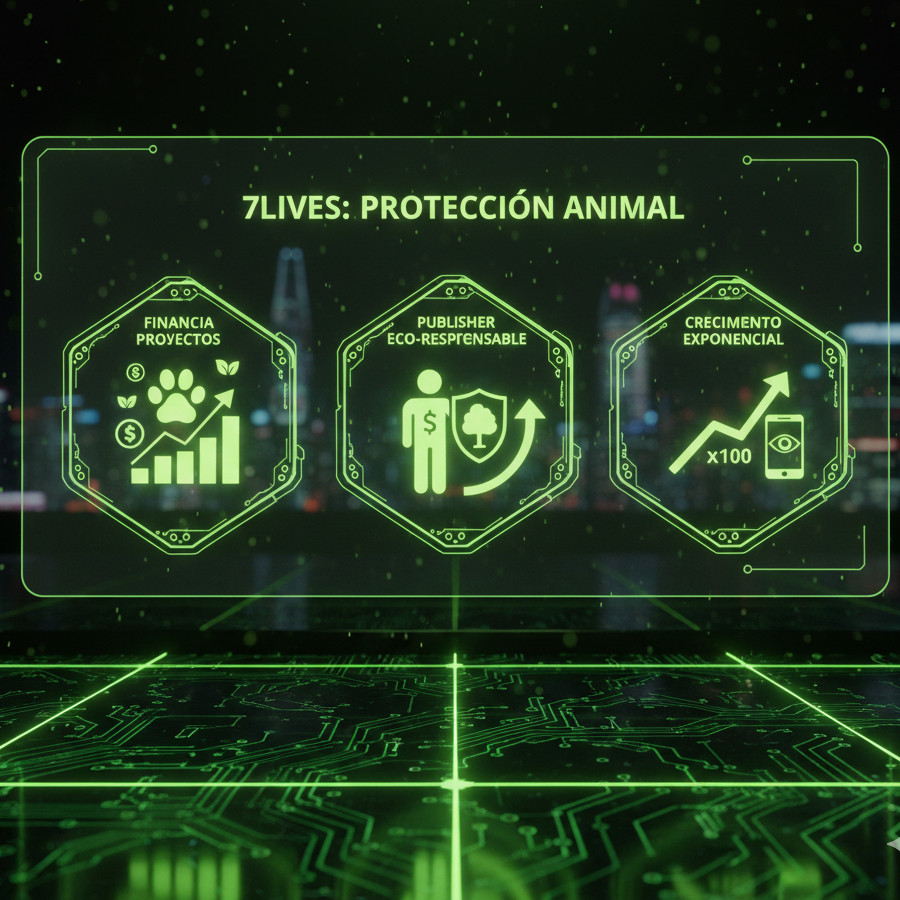 Gráfica de crecimiento exponencial de impresiones para publishers responsables de 7LIVES, con iconografía de huella animal en color verde ácido y estética de tecnología urbana para proyectos de conservación